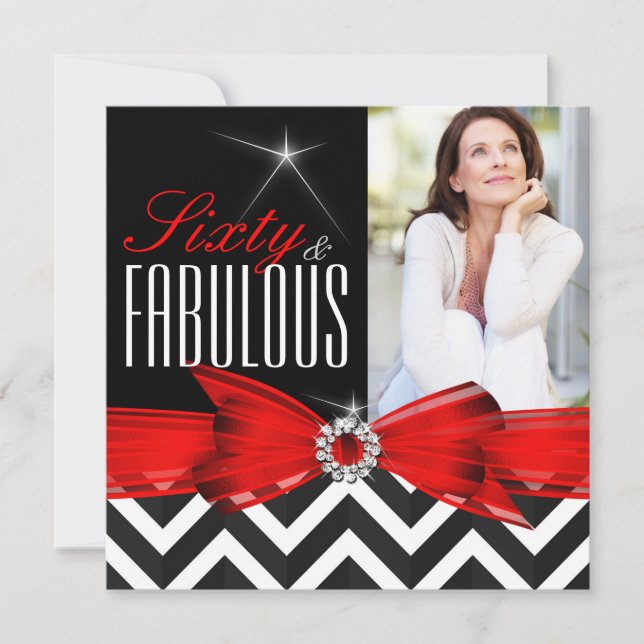 Fabulous 60 Red Chevron Black White Birthday Invitation (Front)
