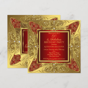 Fabulous 60 Red Gold Birthday Party Diamond Invitation