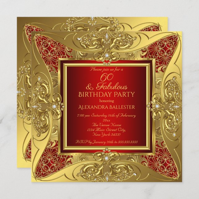 Fabulous 60 Red Gold Birthday Party Diamond Invitation (Front/Back)
