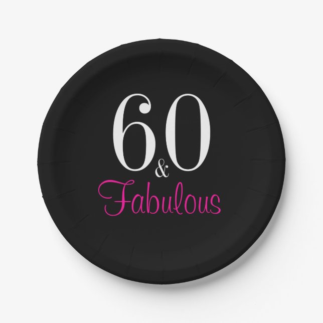 Fabulous 60th Black Pink Birthday Party Paper Plate (Front)