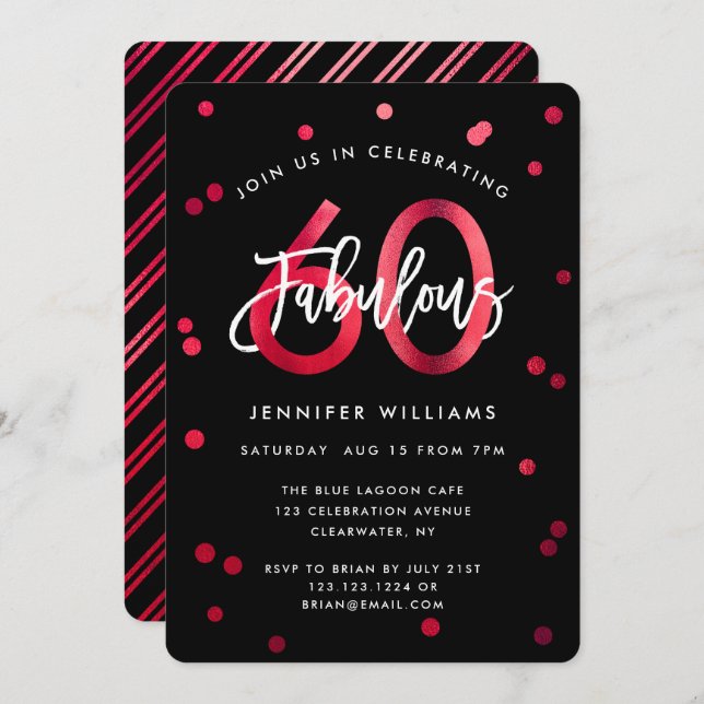Fabulous 60th | Modern Elegant Red Chic Birthday Invitation (Front/Back)