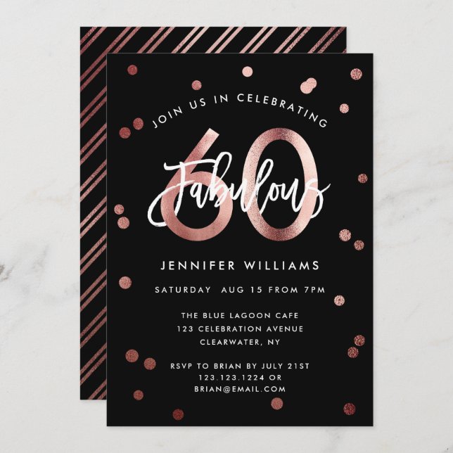 Fabulous 60th | Modern Rose Gold Stylish Birthday Invitation (Front/Back)