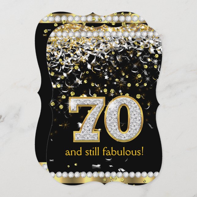 Fabulous 70 Gold Silver Streamers 70th Party Invitation (Front/Back)