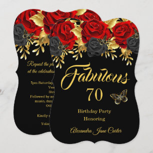 Fabulous 70th Birthday Red Black Rose Butterfly Invitation