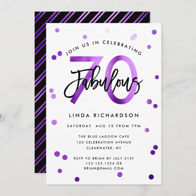 Fabulous 70th | Modern Chic Purple Birthday Party Invitation (Front/Back)