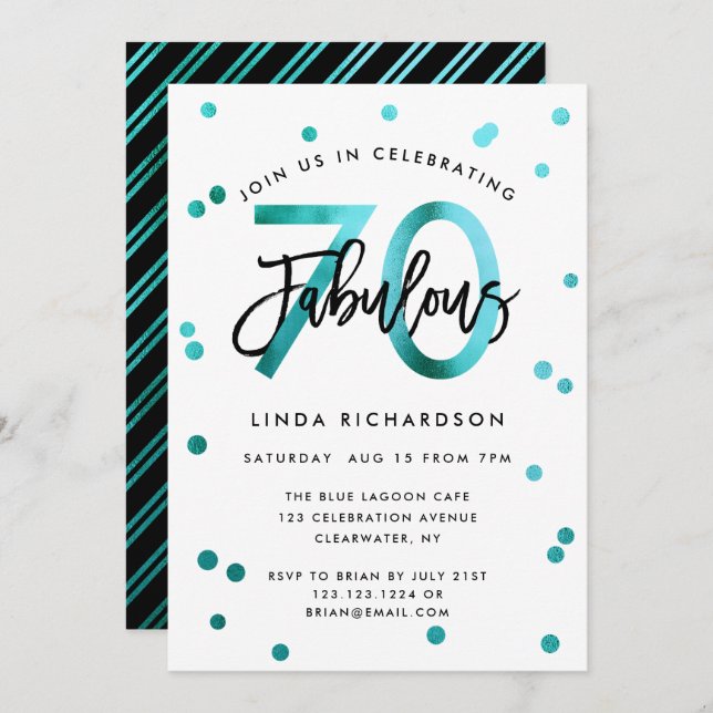 Fabulous 70th | Modern Elegant Teal Birthday Party Invitation (Front/Back)