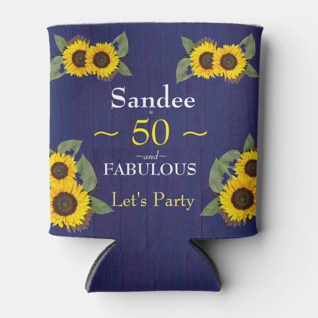Fabulous and Fifty Birthday Modern Blue Sunflower Can Cooler (Front)