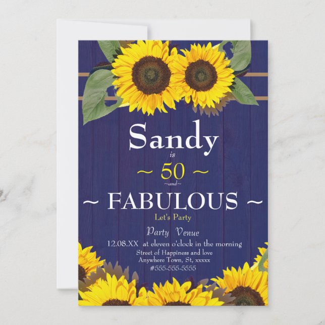 Fabulous and Fifty Birthday Modern Blue Sunflower Invitation (Front)