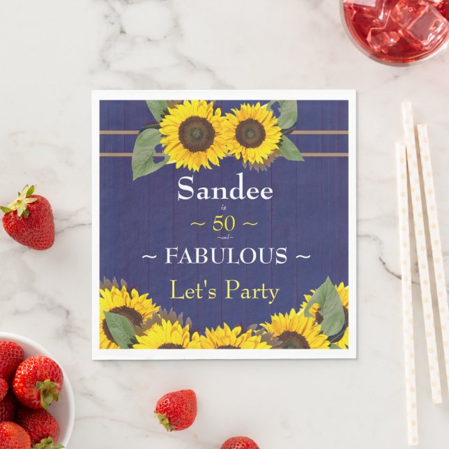 Fabulous and Fifty Birthday Modern Blue Sunflower Napkin (Insitu)