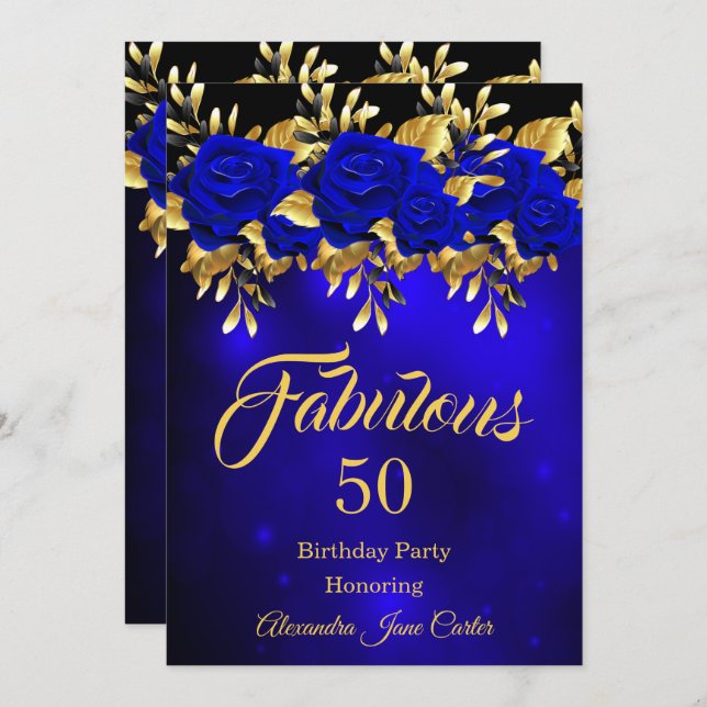 Fabulous Any Age Birthday Blue Rose Gold Invitation (Front/Back)