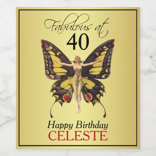 Fabulous at 40 Vintage Flapper Butterfly Wine Label (Single Label)