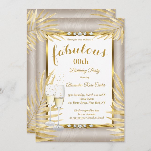 Fabulous Beige Gold Palms Champagne Party Invitation (Front/Back)