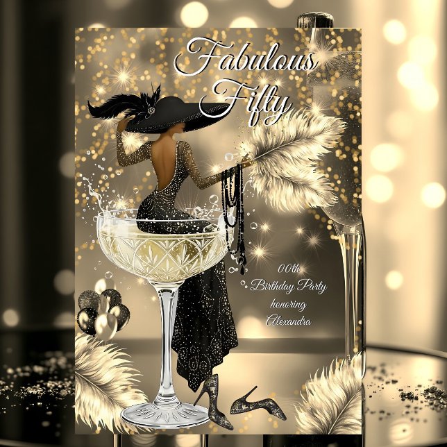 Fabulous Birthday Black Gold Dress Woman Champagne Invitation (Creator Uploaded)