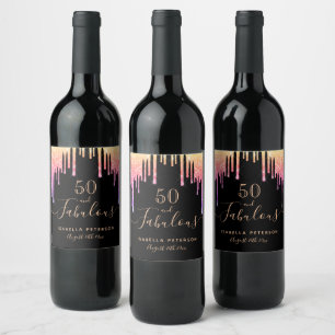Fabulous birthday black pink gold drips wine label