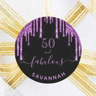 Fabulous birthday black purple glitter sparkle 50 classic round sticker