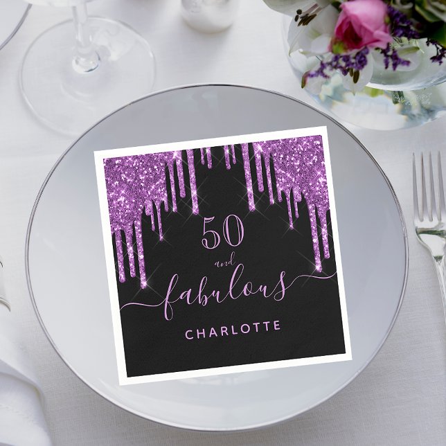 Fabulous birthday black purple glitter sparkle 50 napkin (Creator Uploaded)