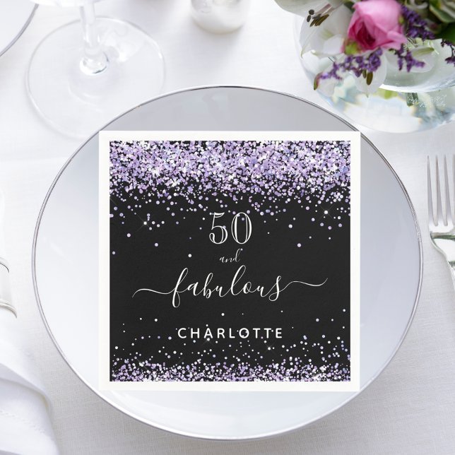 Fabulous birthday black purple glitter sparkle 50  napkin (Creator Uploaded)