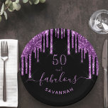 Fabulous birthday black purple glitter sparkle 50 paper plate<br><div class="desc">A trendy and glamorous 50th (or any age) birthday paper plate. A classic black background decorated with dark purple colored faux glitter drips, paint dripping look. With the text: 50 and fabulous. Personalize and add a name. Purple colored text. The word Fabulous is written with a modern hand lettered style...</div>