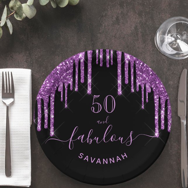 Fabulous birthday black purple glitter sparkle 50 paper plate (Creator Uploaded)