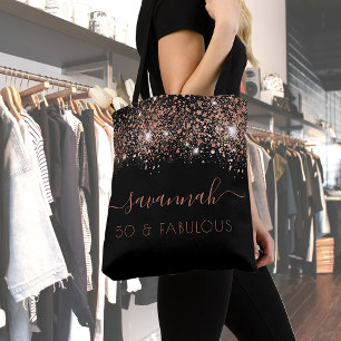 Fabulous birthday black rose gold glitter monogram tote bag