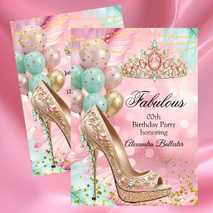 Fabulous birthday Blush Pink Teal Tiara Gold Heel Invitation