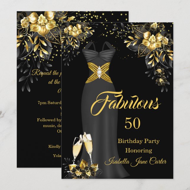Fabulous Birthday Champagne Black Gold Floral Invitation (Front/Back)