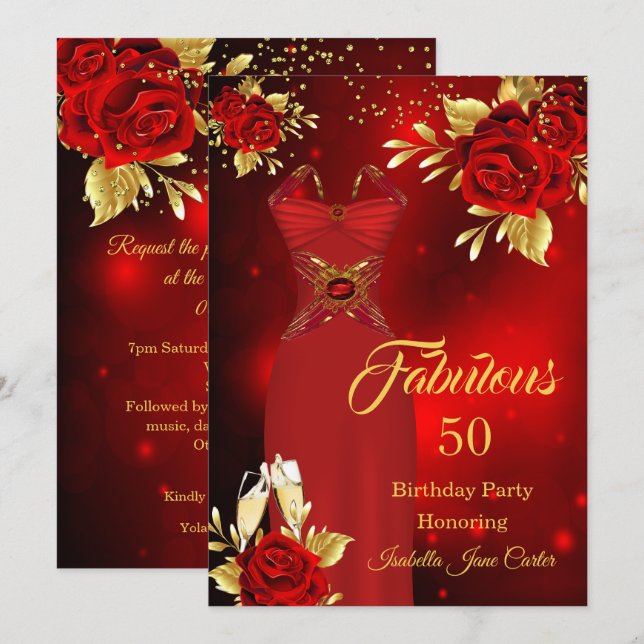 Fabulous Birthday Champagne Dress Red Rose Gold Invitation (Front/Back)