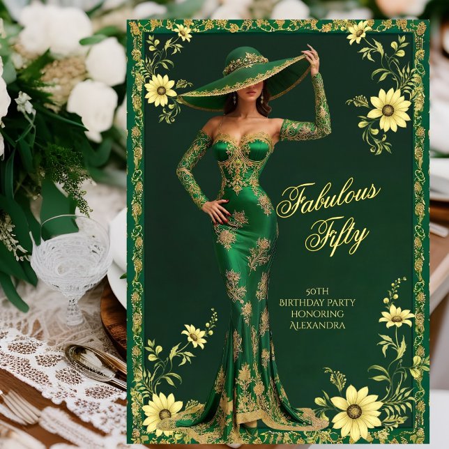 Fabulous Birthday Emerald Gold Woman Floral Invitation (Creator Uploaded)