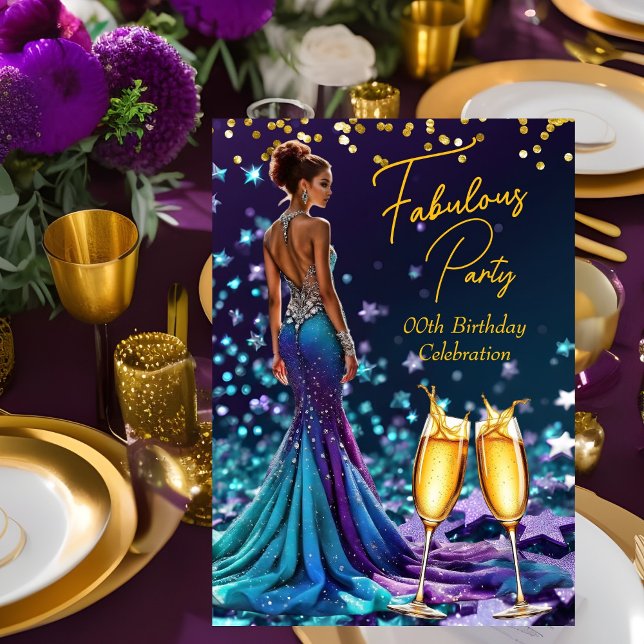 Fabulous Birthday Glitter Purple Teal Champagne Invitation (Creator Uploaded)