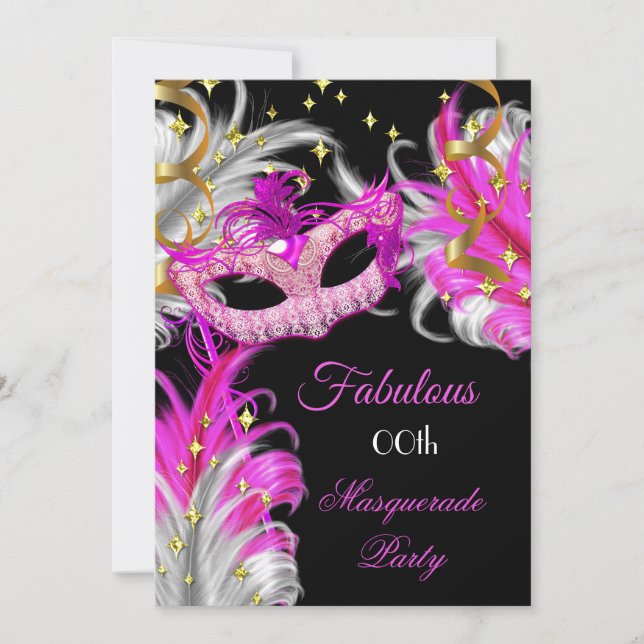 Fabulous Birthday Hot Pink Gold Masquerade Party Invitation (Front)