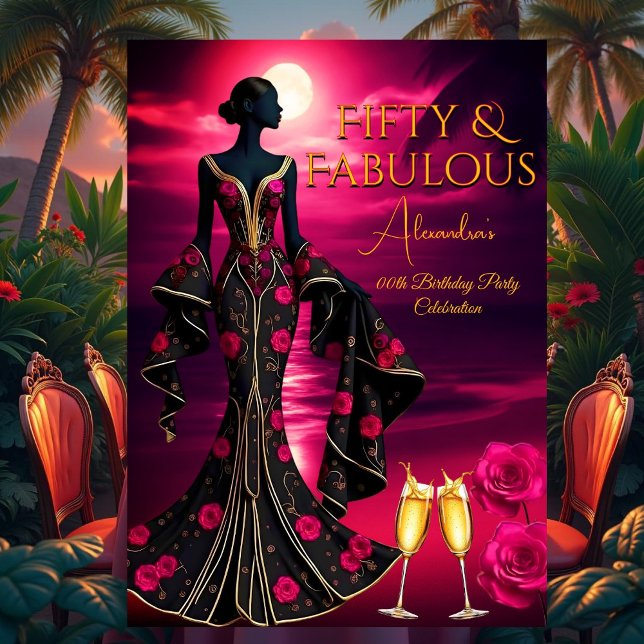Fabulous Birthday Moonlight Beach Black Pink Gold Invitation (Creator Uploaded)