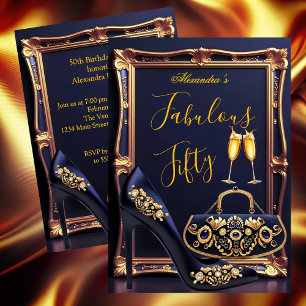 Fabulous Birthday Navy Jewels Heel Champagne Gold Invitation