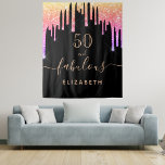 Fabulous birthday party glitter black sparkle tapestry<br><div class="desc">A trendy and glamourous 50th (or any age) birthday tapestry. A classic black background decorated with rainbow coloured faux glitter drips, paint dripping look in purple, pink and gold. With the text: 50 and fabulous. Personalise and add a name. Golden coloured text. The word Fabulous is written with a modern...</div>