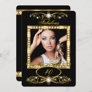 Fabulous Birthday Party Pearl Black Gold Photo Invitation