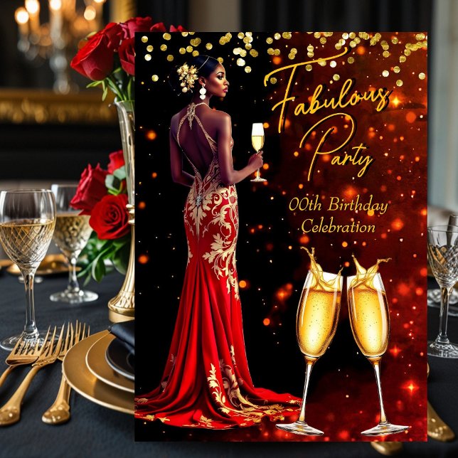 Fabulous Birthday Party Red Glitter Champagne Invitation (Creator Uploaded)