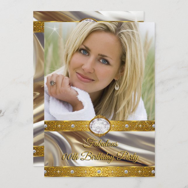 Fabulous Birthday Photo Diamonds Gold Silver Invitation (Front/Back)