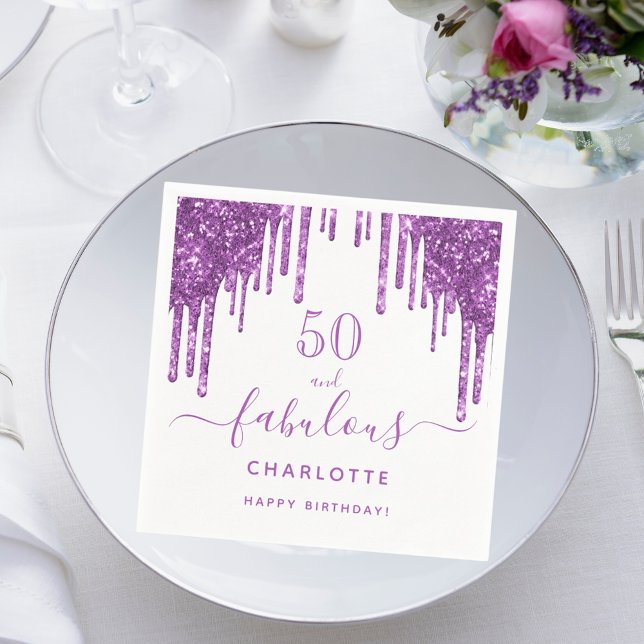 Fabulous birthday purple glitter drips white napkin (Creator Uploaded)