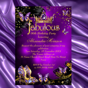 Fabulous birthday purple Gold Black Butterfly Invitation