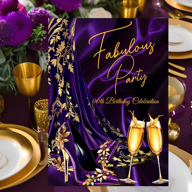 Fabulous Birthday Purple Gold Heels Champagne Invitation (Creator Uploaded)