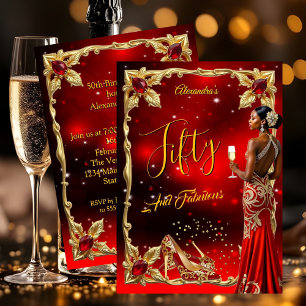 Fabulous Birthday Red Dress Gold High Heels Ethnic Invitation