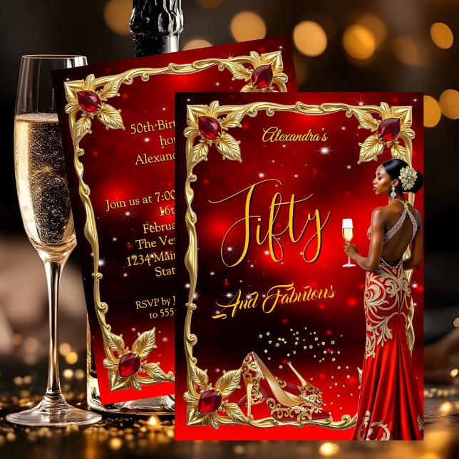 Fabulous Birthday Red Dress Gold High Heels Ethnic Invitation (Creator Uploaded)