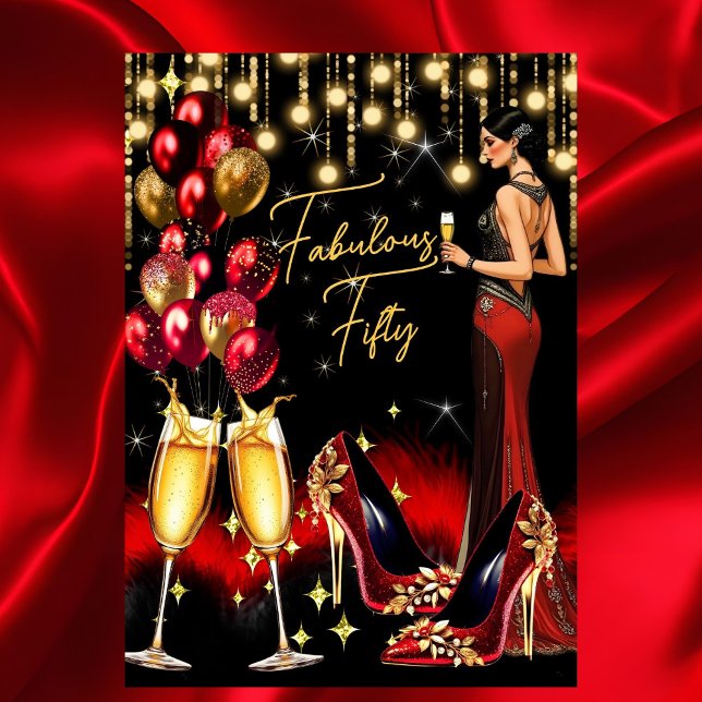 Fabulous Birthday Red Glitter Champagne Dress Invitation (Creator Uploaded)