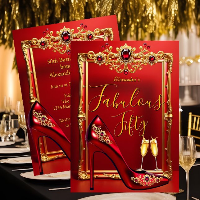 Fabulous Birthday Red Jewels Heel Champagne Gold Invitation (Creator Uploaded)