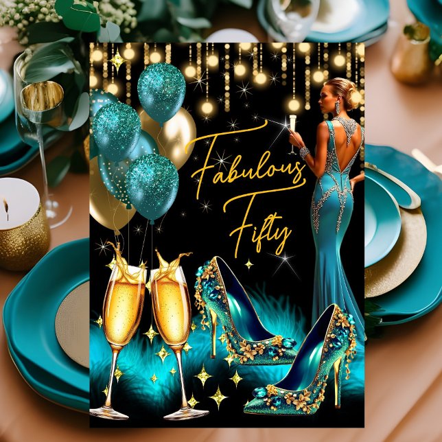 Fabulous Birthday Teal Blue Champagne Dress Invitation (Creator Uploaded)