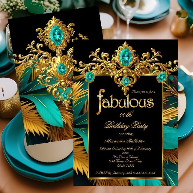 Fabulous Birthday Teal Blue Gold Gems Feathers Invitation (Creator Uploaded)