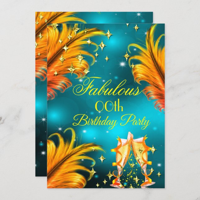 Fabulous Birthday teal Gold Yellow Champagne Party Invitation (Front/Back)