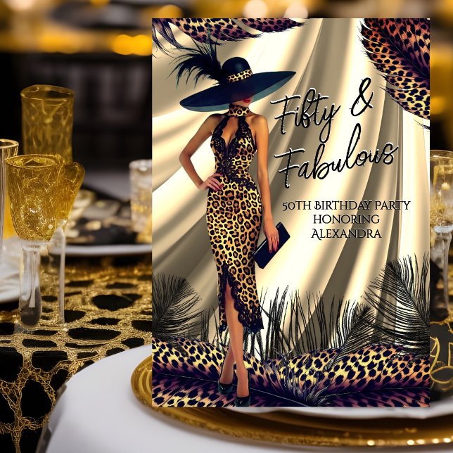 Fabulous Birthday Woman Black Gold Leopard feather Invitation (Creator Uploaded)