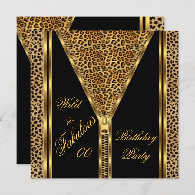 Fabulous Birthday Zipper Gold Wild Leopard Invitation (Front/Back)