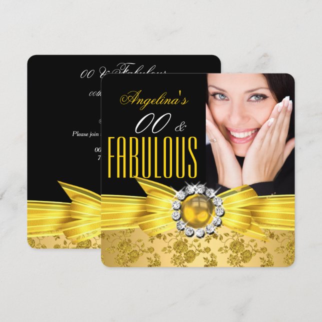 Fabulous Black Yellow Gold Damask Rose Birthday Invitation (Front/Back)