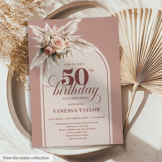 Fabulous Boho Dusty Pink Pampas Floral Fifty 50th Invitation (Fabulous Boho Dusty Pink Pampas Floral Fifty Birthday)